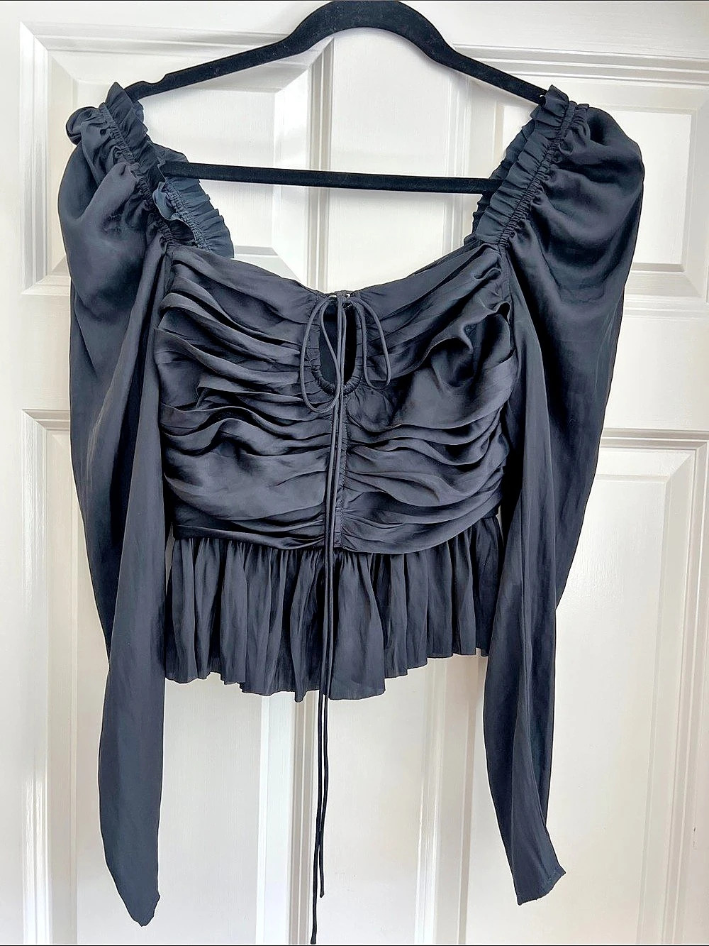 ULLA JOHNSON Ruched satin Peplum Blouse in Black Size 0 Like New